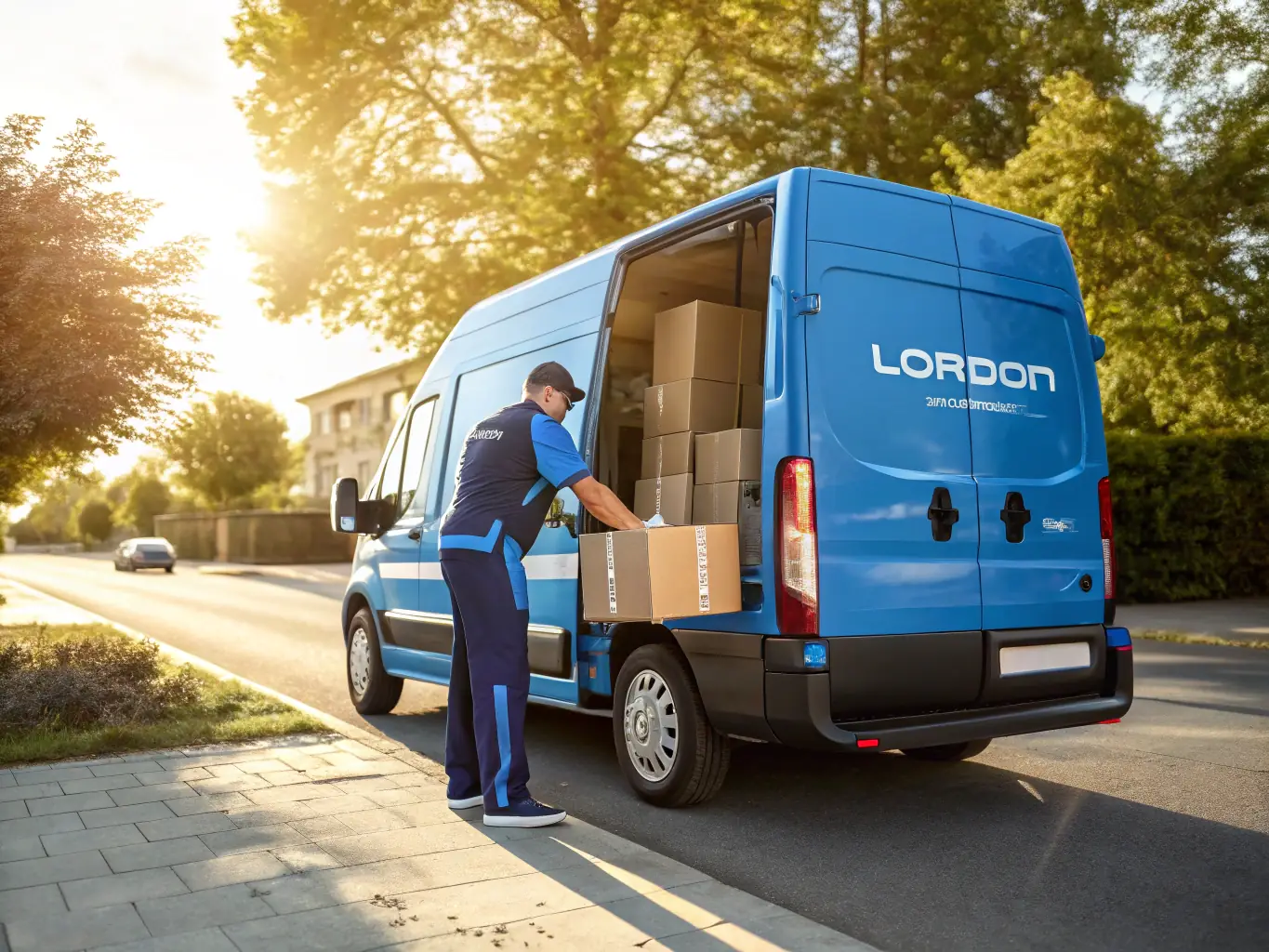 A delivery driver carefully loading packages into a branded Lordom delivery van, showcasing the rapid package delivery service.